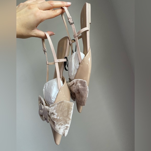 Zara Patent Pointed toe Flat Slingback Shoes Velvet Bow Tan 6.5 37 NWT - Picture 12 of 15
